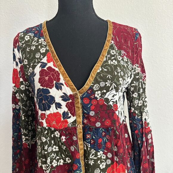 Zara Trafaluc Top Medium Patchwork Babydoll Dark Floral Bohemian Velvet Trim - Picture 2 of 8
